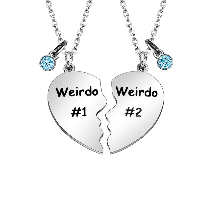 Maxforever Friendship Gifts, Weirdo 1 Weirdo 2psc Set Split Heart Pendant Necklaces BFF Gift for Best Friend (Blue Crystal) - Image 1